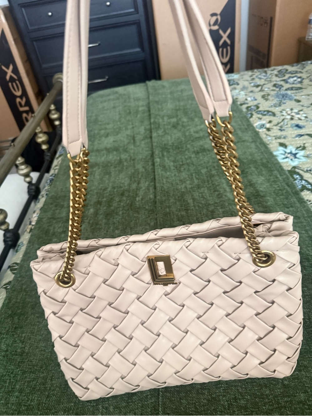 Karl Lagerfeld Blush Woven Shoulder Bag with Gold Chain Straps - like new!